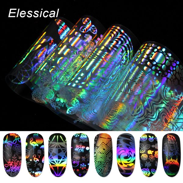 

elessical 8pcs/lot holographic transfer nail foil geometric unicorn pattern nail art sticker laser flower decals decoration, Black