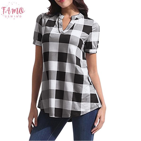 

2020 women shirts plaid printed short sleeve v neck irregular blouse plus size s 5xl ladies blouses female v neck blusas, White