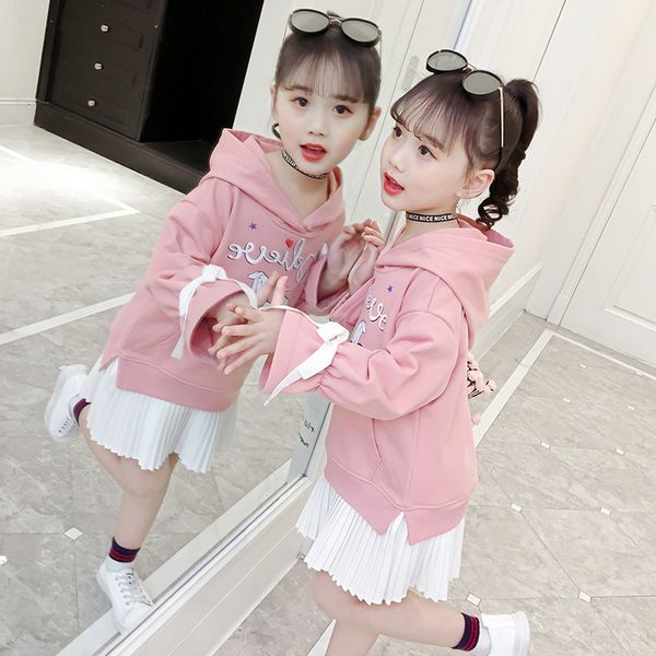 

2019 autumn children's fashion casual sweatshirt hoodies gilrs long sleeve pleated skirt cute coat sweater, Black