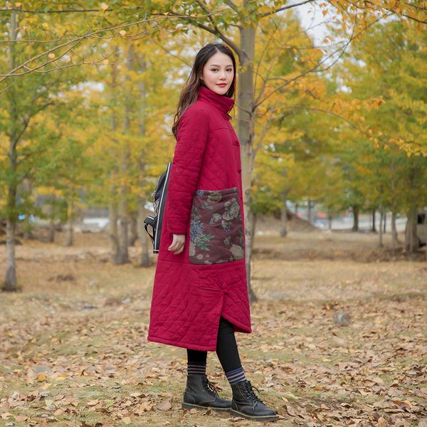 

original chinese button robe cotton-padded clothes ramie loose leisure winter jacket warm thick lady robe girl linen cotton coat, Red