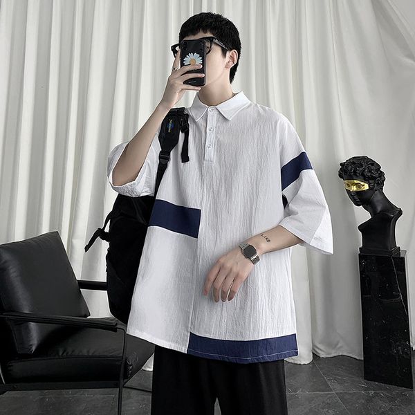 

summer cotton linen shirt men's fashion casual lapel t-shirt men streetwear loose korean short-sleeved tshirt mens m-5xl, White;black