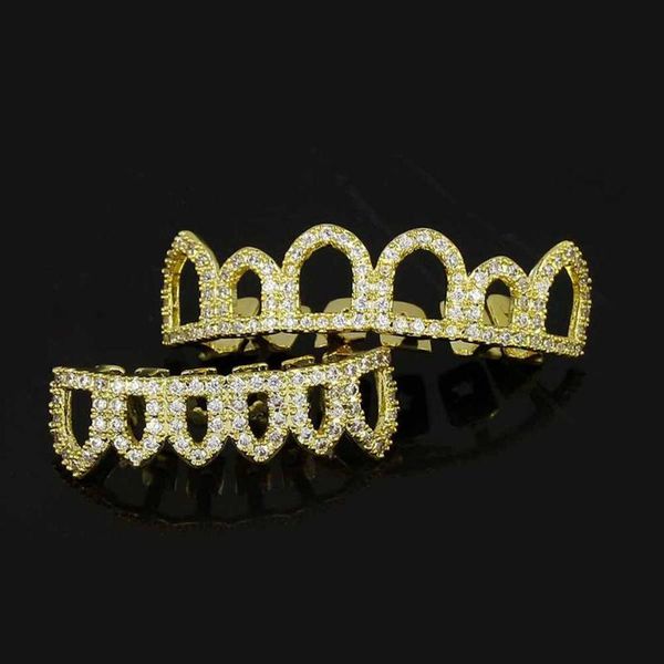 

18k gold plated grillz for street fashion men women rappers luxury bling zircon dental grills 2-piece set hollow out hip hop teeth braces, Black