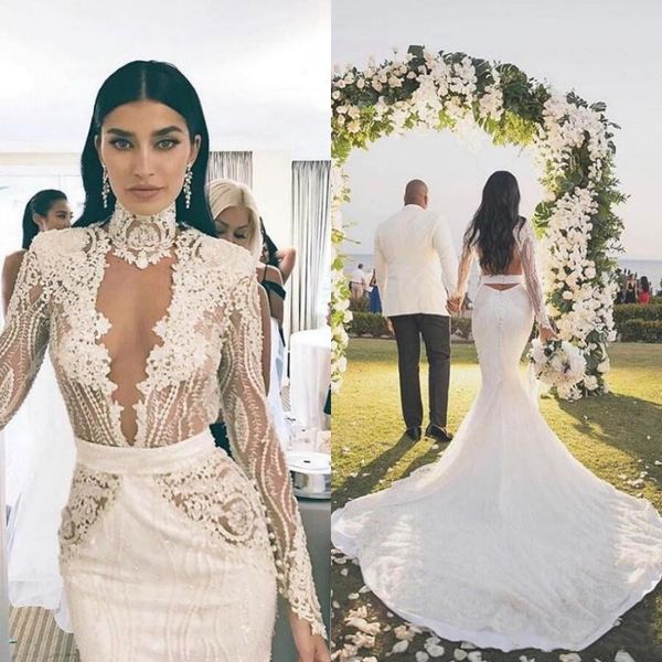 

gorgeous high neck illusion long sleeve wedding gowns backless court train lace bohemian mermaid wedding dresses, White