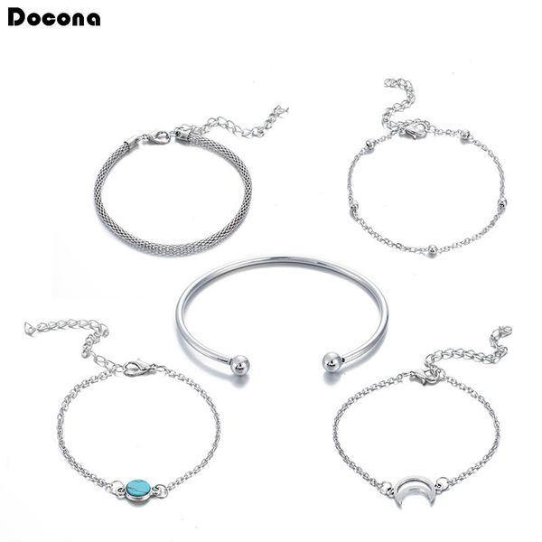 

5pcs/sets vintage silver color bracelets for women fashion moon opal stone chain opening bangles wholesale b18101, Black