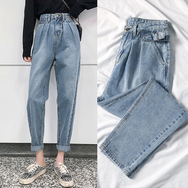 

high waist retro pants ankle-length pants loose vintage straight jeans elastic waist pockets zipper female casual blue trousers