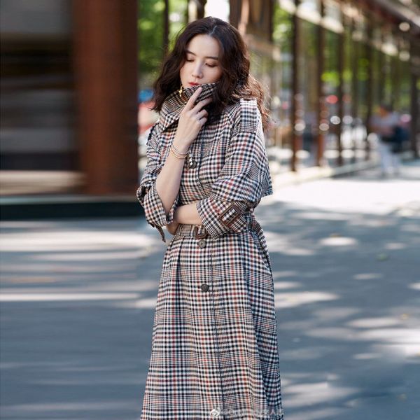 

women's trench coats song jiatong 2021 autumn windbreaker knee-high long lattice coat lapels female temperament cultivate morality, Tan;black