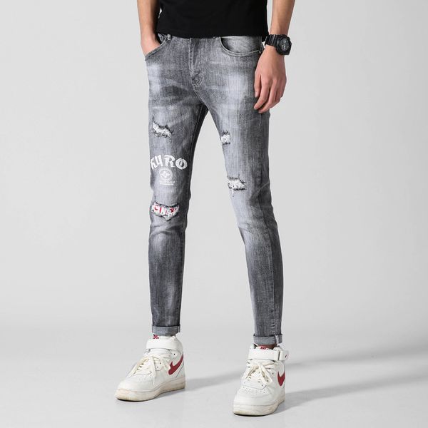 

новый качество мужской джинсы уничтожил человек джинсы приталенный fit черный серый панталон жан вышитые отверстия пропатчен джинсы для мужч, Blue