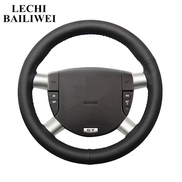 

diy черный искусственной кожи ручного сшитый рулевое управление автомобилем колесо обложка wrap для мондео 3 2002 2003 2004 2005 2006