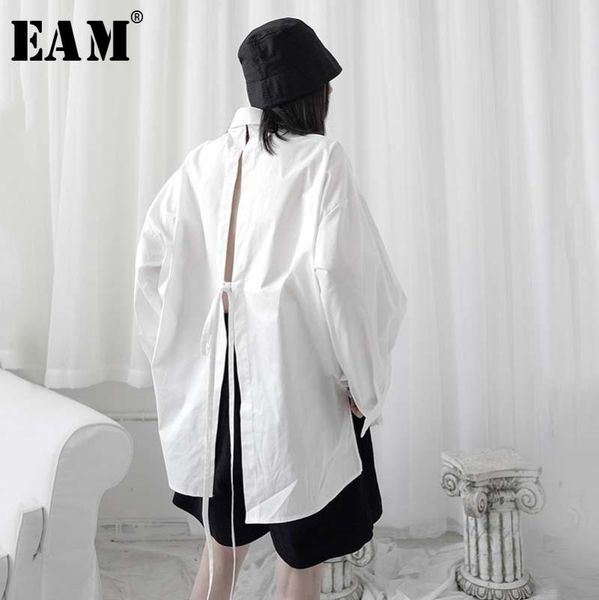 

women's blouses & shirts [eam] women back bandage split big size long blouse lapel sleeve loose fit shirt fashion tide spring summer 20, White