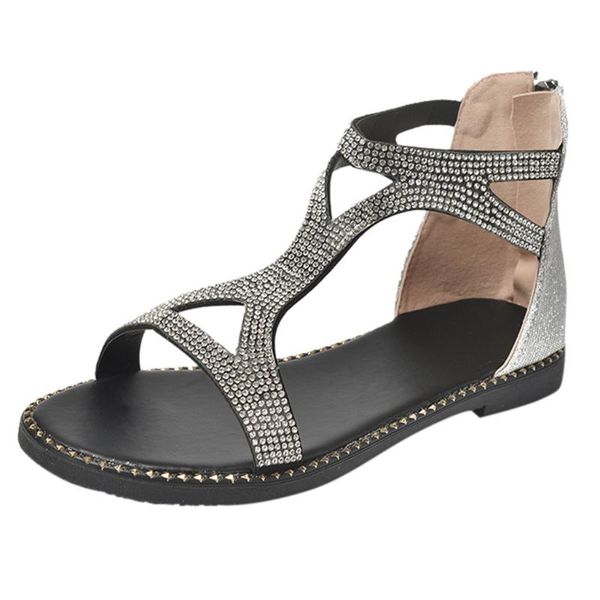 

summer women's sandals rhinestone chain thong gladiat flat sandals women shoes female bohemian style torridity fashion heels#407, Black