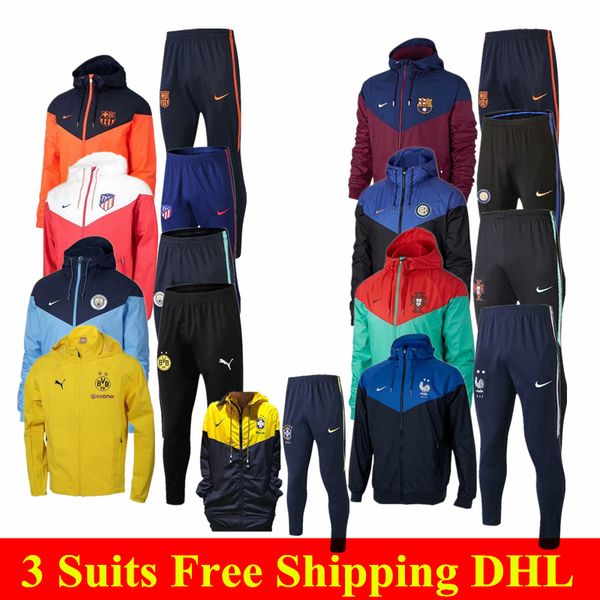 

3 piece set dhl 1819 sportswear 19 new two-color stitching hooded jacket men's football windbreaker suit, Blue;black