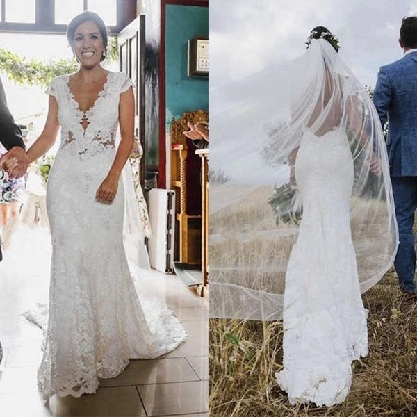 

modest elegant lace appliques mermaid wedding dresses v neck backless bridal gowns cap short sleeves vestido de noiva b38, White