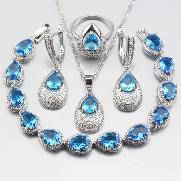 

925 sterling silver natural blue water drop jewelry sets for women fashion costume stud earrings/necklace/pendant/bracelet/ring, Slivery;golden