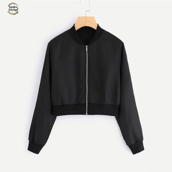 

black solid zip up front bomber jacket autumn women casual stand collar clothing new design ladies plain crop coat, Black;brown
