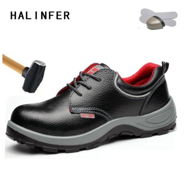 

halinfer men safety work shoes genuine leather casual steel head breathable light puncture prevention labor insurance shoes, Black