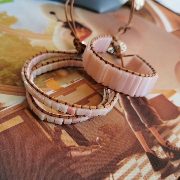 

boho genuine leather pink opal wrap bracelet for women handmade natural stone bracelets fashion 2sets romantic couple gift femme jewelry, Black