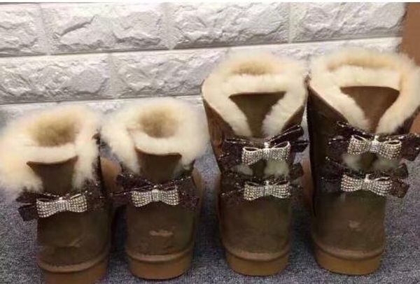 

2020 classic australia wgg single double diamond snow boots female winter leather bow rhinestone crown warm thick cotton shoes, Black