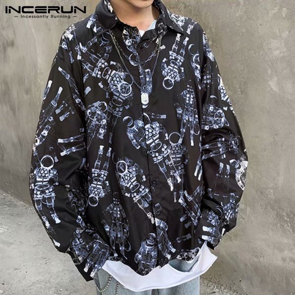 

incerun men funny printed long sleeve lapel shirt fashion joker casual streetwear baggy comfort button mens korean style blouse, White;black
