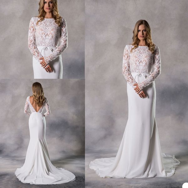 

anna georgina mermaid wedding dresses long sleeves open back lace chiffon bridal gowns custom made sweep train beach robe de mariÃ©e, White