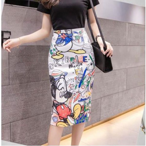 

new women's summer skirt 2020 tight casual cartoon mouse printed split pencil skirt high waist slim knee women, Black