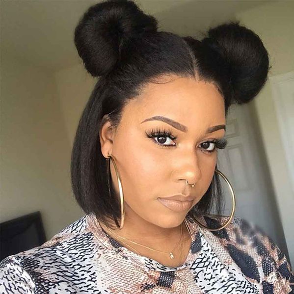 

paff kinky straight wig bob lace front wigs for women short bob wig full lace human hair wigs preplucked lace wig, Black;brown