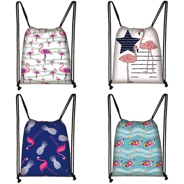 

мультфильм фламинго печати drawstring сумка женщины дорожная сумка подросток школа коричневый девушка и мальчик рюкзак мода сумки для хранен