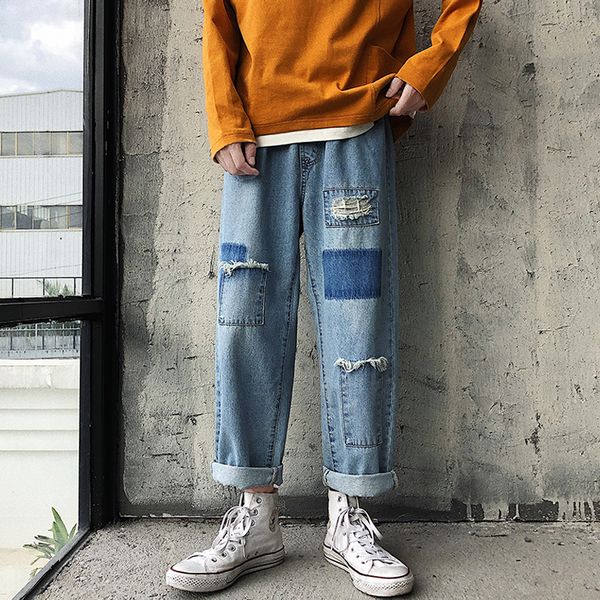 

2019 men's baggy homme classic style male cargo pocket holes jeans blue color casual pants biker denim mens loose trousers s-2xl