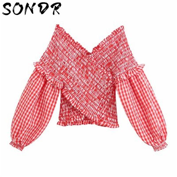 

red plaid women short blouse shirts long sleeve slim women casual blouse pleated short shirt female chic, White