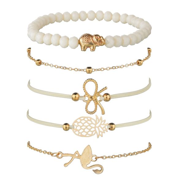 

multilayer bracelet flamingo pineapple bow bead charm bracelet five-piece suit bracelets sets, Black
