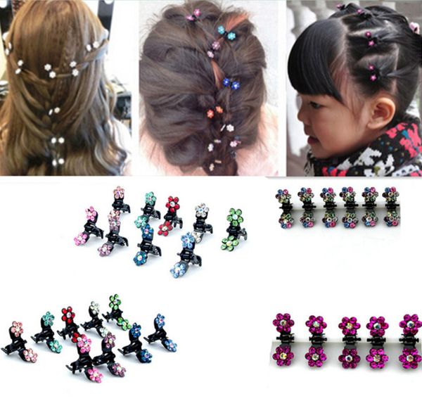 

2019 new rhinestone clips crystal girls mini hair pin 6pcs clamps sweet flower kids party hair clips clamps, Golden;white