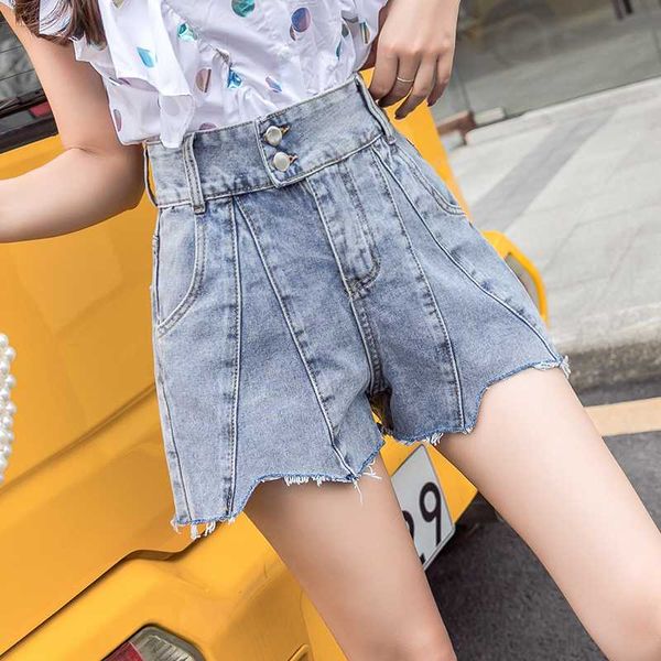 

summer washed denim shorts ladies korea slim chic high waist short jeans women splice irregular wide leg shorts, Blue