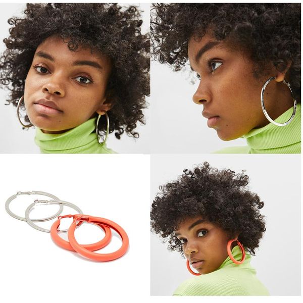 

2 pairs/set sloong new metal big circle hoop earrings for women colorful round hoop earring ladies fashion jewelry, Golden;silver