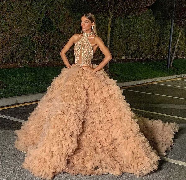 

stunning sequined ball gown prom dresses halter sheer plunging neck beaded evening gowns tiered sweep train tulle formal dress, Black