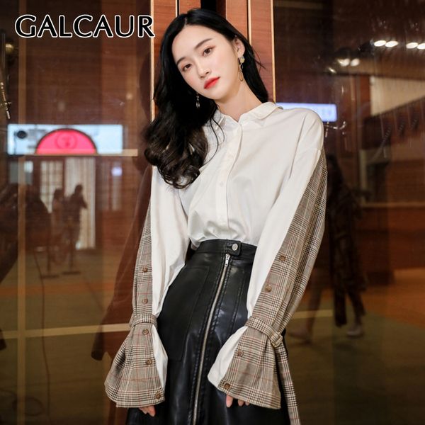 

galcaur корейский лоскутное плед хит цвет женская рубашка нагрудный воротник flare рукавом кружева женские блузки 2019 осень мода новый, White