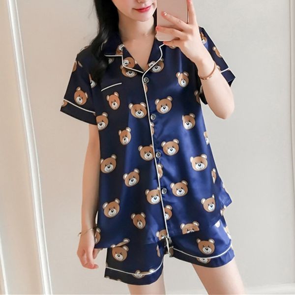 

summer short sleeve ice silk pajamas two pieces set sleepwear nightwear for women cute bear loose thin home service suit, Blue;gray