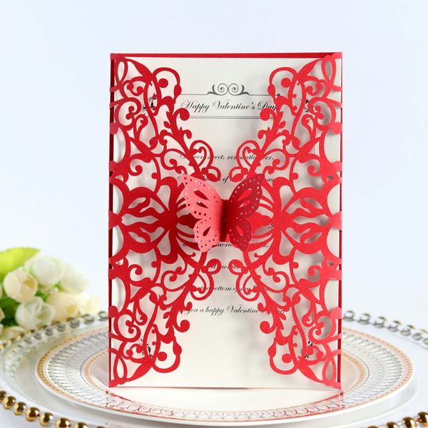 Red Butterfly Wedding Card Invitation Floral Laser Cut Bridal