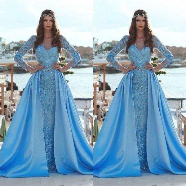 

2019 скромный синий Русалка Пром платья со съемным поезд с длинным рукавом 3D цветоч