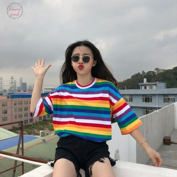 

korean rainbow striped girls cap sleeve fashion new women t shirt harajuku loose plus size summer tee 2019 camiseta mujer, White