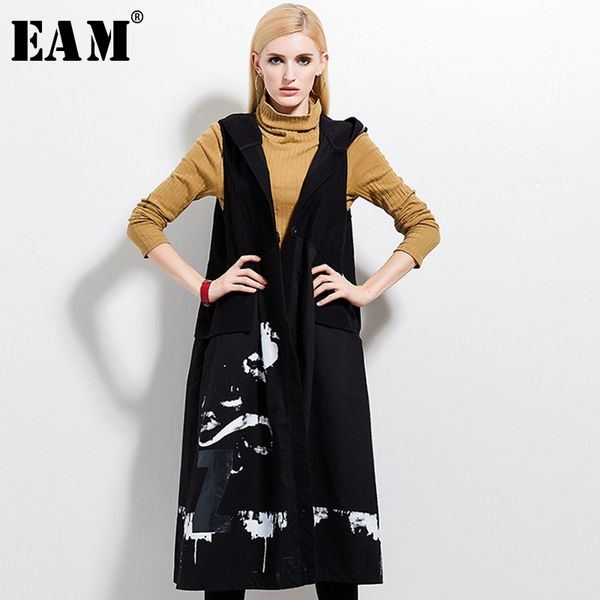 

eam] women hooded loose black pattern printed loose fit long vest new sleeveless fashion tide spring autumn 2019 1a001, Black;white