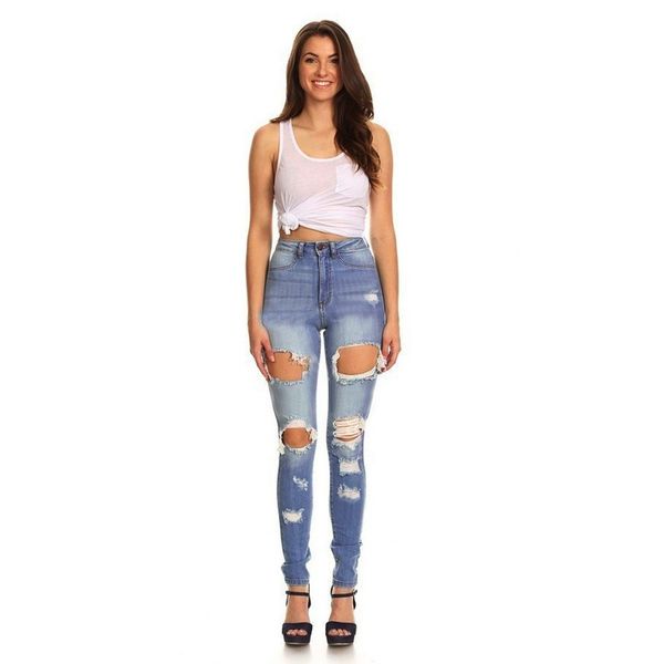 

women's skinny hole ripped jeans new fashion women pants boyfriend big holes denim biker jeans female pencil pants, Blue