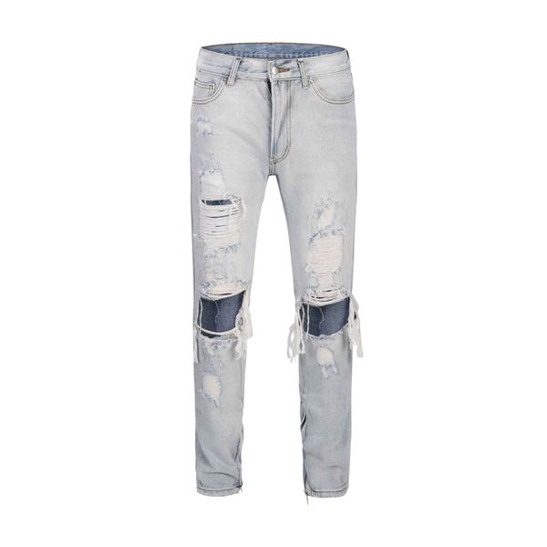 

men super damaged distressed ripped broken hole lt blue jeans men denim pants