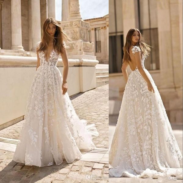 New A Line Wedding Dresses V Neck Full Lace apliques Sheer varredura Flores Backless Train Garden Boho Verão Plus Size vestidos de noiva sob encomenda