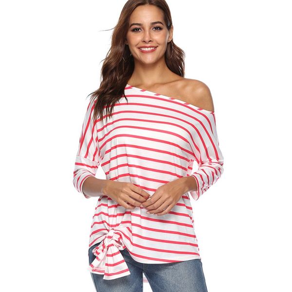 

casual batwing long sleeve fashion t-shirt women tees striped oblique collar full t shirts, White