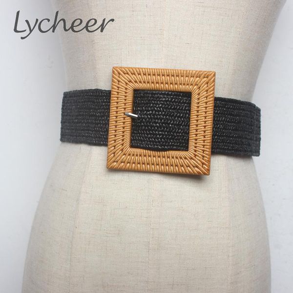 

lycheer knitted square buckle women straw belt female hand-beaded belt wax rope bead waist accessories girdle vintage strap, Black;brown