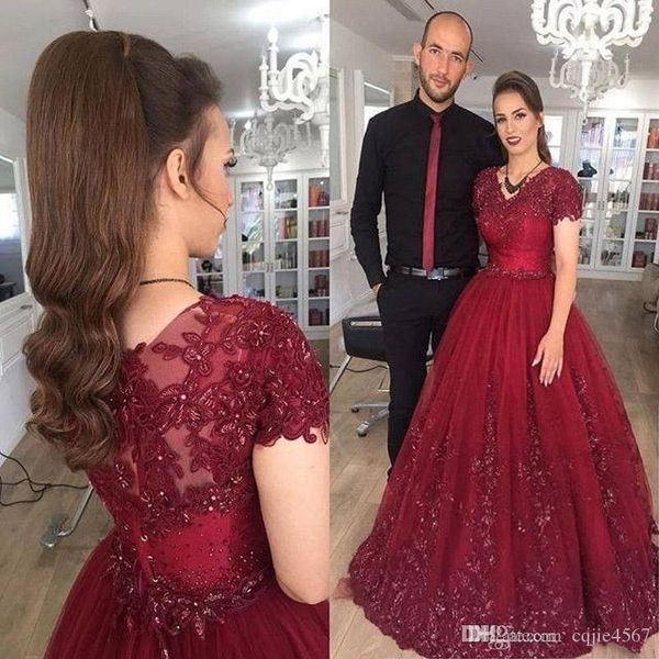 

v-neck burgundy tulle with appliques beads short sleeves floor-length 2019 new custom party gowns sparkling lace a-line evening dresses, Black;red