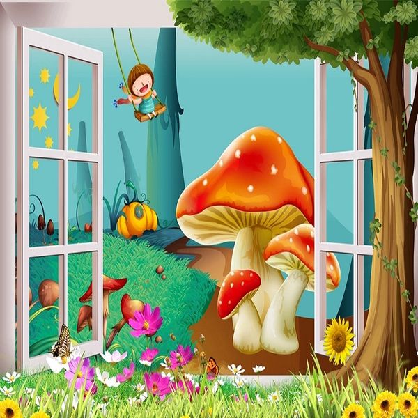 

custom large mural 3d wallpaper nordic modern cartoon mushroom girl swing baby bedroom mural tv back wall decor deep 5d embossed