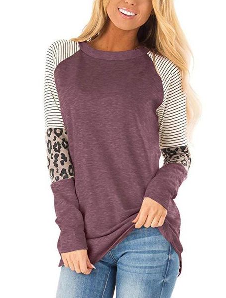 

leopard-print rounded collar raglan with stripes women summer raglan sleeve slim long sleeve t shirt casual tee, White
