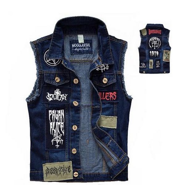 

2019 patch designs punk rock style ripped cowboy frayed denim vest tanks classic vintage men's jeans vest sleeveless jackets, Black;white