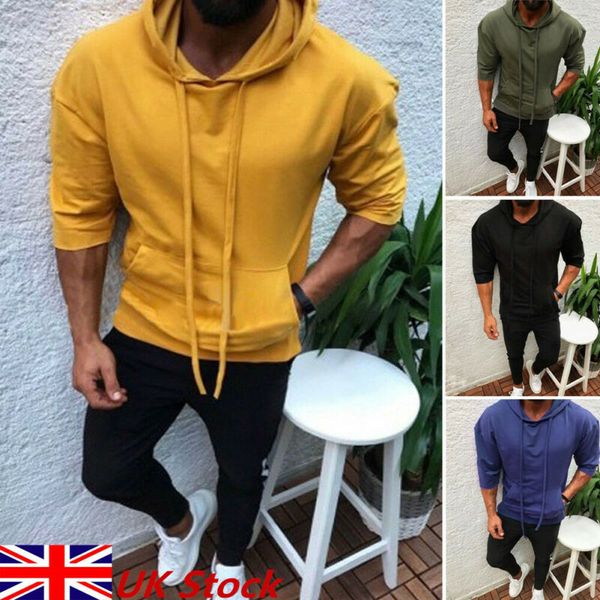 

men's slim fit sporting 3/4 sleeve hoodie casual pullover jumpers tracksuit spring summer cotton blend, Black
