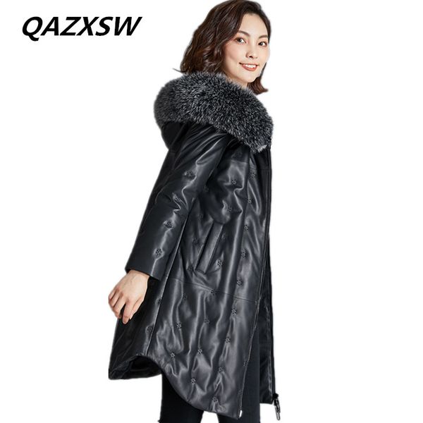 

2018 new women's winter genuine leather coat leather down jacket long sheep skin loose thick warm fur hooded outer le363, Black